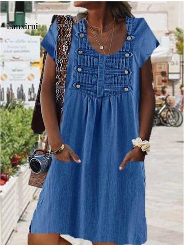 Faux Denim Dress 2022 Summer Double Button Cowboy Mini Dresses OL Style O Neck Short Sleeve Loose Shirt Dress Vestidos Plus Size ► Photo 1/3