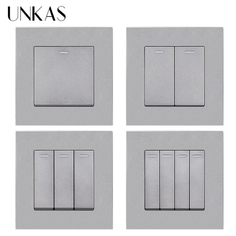 UNKAS Simple Style PC Plastic Panel 1 2 3 4 Gang 1 / 2 Way Reset Pulse Momentary Contact Push Button Grey Light Switch 10A / 16A ► Photo 1/6