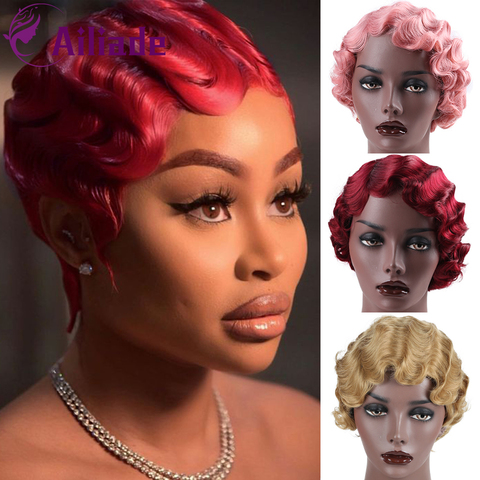 AILIADE 6Inches Vintage Short Finger Wave Synthetic Wig Afro Kinky Curly Wigs for Woman Black Purple Blonde Heat Resistant Hair ► Photo 1/6