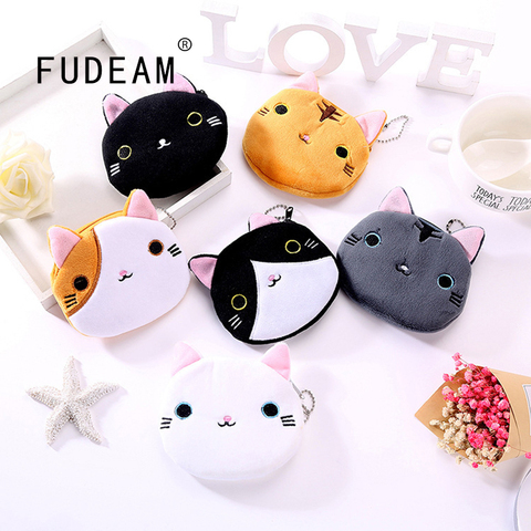 FUDEAM Soft Plush Cat Cartoon Women Coin Purse Mini Cute Animal Oval Zipper Children Girl Coin Wallet USB Cable Headset Bag ► Photo 1/6