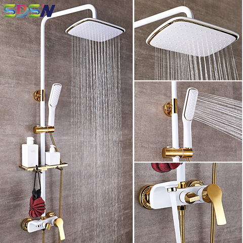 Shower Set SDSN White Gold Bathroom Shower System Quality Copper Brass Bathtub Faucet Rainfall Shower Head Spa Bath Shower Sets ► Photo 1/6