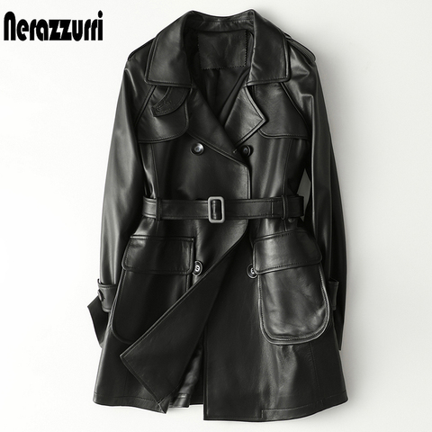 Nerazzurri spring black leather jacket women raglan sleeve belt double breasted luxury soft faux leather jackets for women 2022 ► Photo 1/6