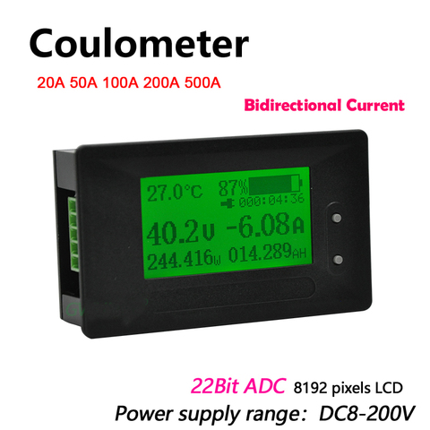 DC 200V 0-500A Coulomb meter Lithium Battery Monitor Voltage Current Power Capacity Display LCD Li-ion Lifepo4 lead acid 200A ► Photo 1/5