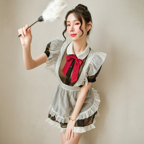 Adult Sex Fantasy Cosplay Maid Set Vintage Japanese Style Cute Bowknot Lolita Maid Apron Sets Temptation Mesh Perspective Dress ► Photo 1/6