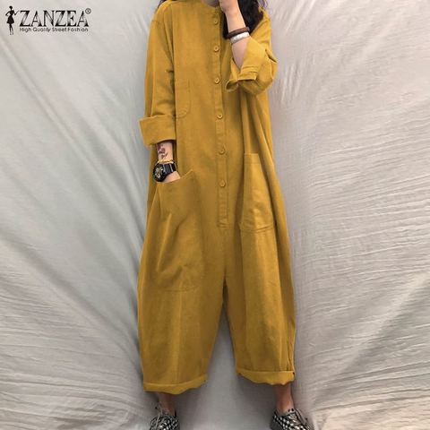 Women Jumpsuit 2022 Female Oversized Romper ZANZEA Autumn Loose Pockets Overalls Plus Size 5XLCasual Solid Stand Collar Bottom ► Photo 1/6