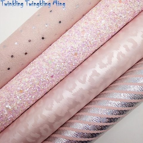PINK Glitter Fabric, Stripes Synthetic Leather, Leopard Faux Fabric, Velvet Fabric Sheets For Bow 21x29CM Twinkling Ming XM024G ► Photo 1/6