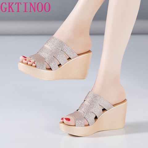 GKTINOO Platform Slippers Women Shoes Summer 2022 Bling High Heels Wedges Slides Ladies Slippers Gold Black Red Plus Size 33-43 ► Photo 1/6