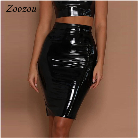 Sexy Black Red Latex Leather Bodycon Skirts Wool Warm Women Above Knee Short Skirt Office Lady PU Patent Leather Pencil Skirts ► Photo 1/6