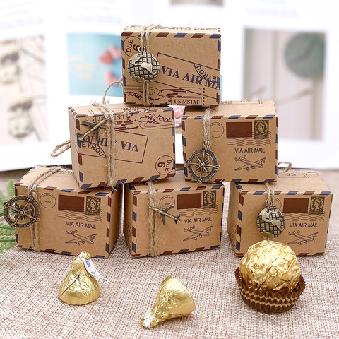 10 Pcs Wedding Vintage Candy Box Stamp Design Chocolate Packaging Kraft Paper Gift Packaging Christmas Favors Party Supplies ► Photo 1/6