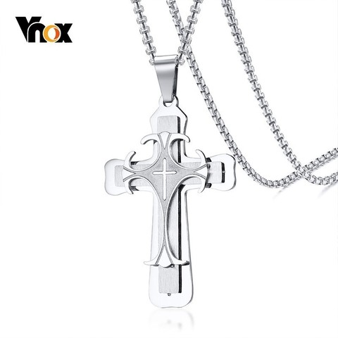 Vnox Punk Double Cross Necklaces for Men Prayer Religion Collar Free Stainless Steel Box Chain 24