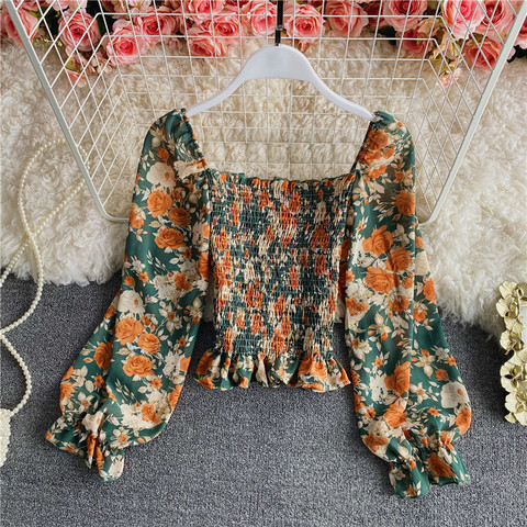 Square collar floral blouses flare long sleeve slim fit lotus leaf blouse women colorblock ruched korean shirts 2022 fashion hot ► Photo 1/6