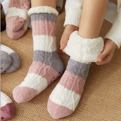 Plus Cotton Thicken Winter Socks Multicolor Stripes Women Sleep Warm Non-Slip Stocking Girl Cute Xmas Gift Home Floor Sock Hot ► Photo 1/6