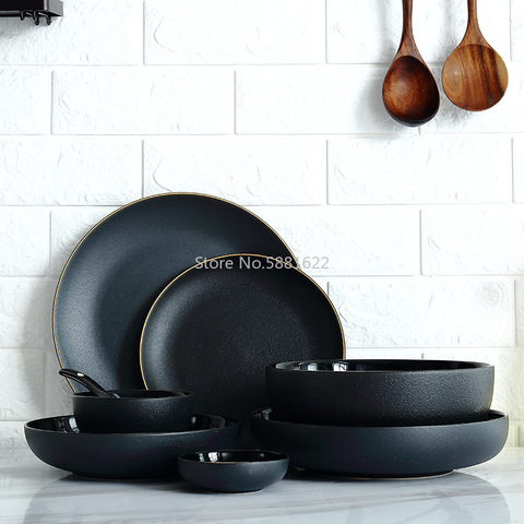 1pc Black Gold Rim Ceramic Dinner Dish Plate Rice Salad Noodles Bowl Soup Plates Matte Dinnerware Sets Tableware Kitchen Tool ► Photo 1/6