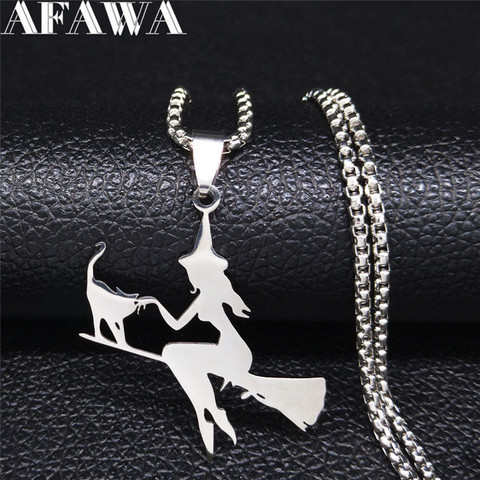 2022 Witch Broom Cat Stainless Steel Necklace Women Witchcraft Silver Color Necklaces & Pendants Jewelry colgantes N1050S02 ► Photo 1/6
