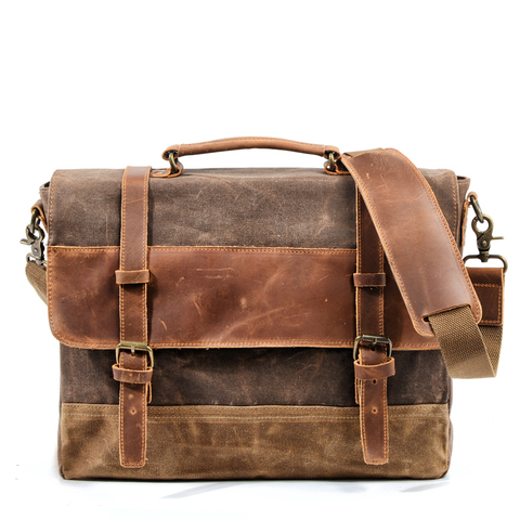 MUCHUAN Oil Wax Canvas Handbag Mens Waterproof Shoulder Bag Vintage Canvas Leather Briefcases 14