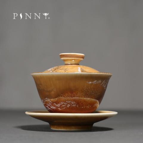 PINNY Porcelain Painted Gold Landscape Cover Gaiwan Pigmented Ceramic Kung Fu Tea Tureen Antique Chinaware Tea Bowl ► Photo 1/5