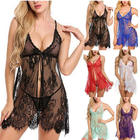 Women Lingerie Set, 2-Piece See Through Floral Sling Cardigan Floral Lace Hip Length Dress Sexy Thong Underwear Lingerie Sets ► Photo 1/5