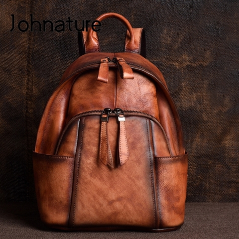 Johnature 2022 New Handmade Genuine Leather Retro Solid Bag Zipper Soft Handle Leisure Women Backpack Large Capacity Travel Bags ► Photo 1/6