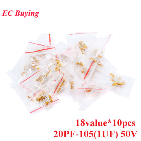 180pcs 20PF-105(1UF) 50V Ceramic Capacitor Assortment Kit Package 20PF Mono Monolithic Capacitors Samples DIY 18value*10pcs ► Photo 1/2