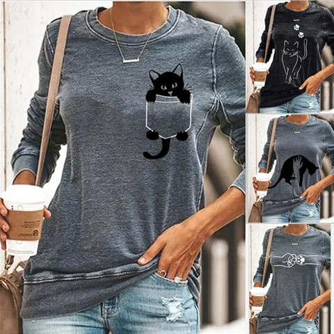 New Cute Cat Print Long Sleeve Round Neck Pullover Women's T-shirt Casual All-Match Novel T-shirts Women Cotton Black Gray Tops ► Photo 1/6