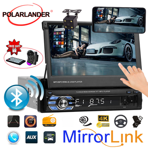 Retractable 1 Din Radio Car Stereo Audio 7 inch MP5 MP4 Player Aux/USB/TF/FM/touch screen/bluetooth 3 languages menu Mirror Link ► Photo 1/6