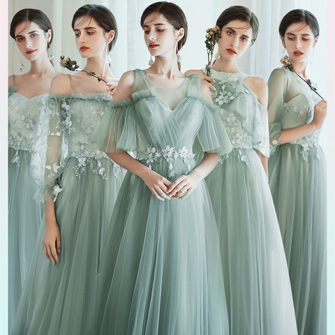 Rode De Soriee New Dusty Green Elegant Bridesmaid Dress Long Mismatched Lace Flower Grey Blush Pink Tulle Bridesmaid Party Gown ► Photo 1/6