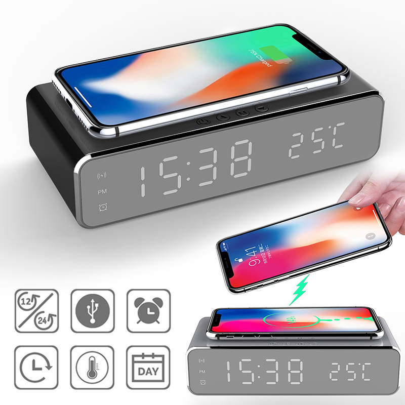 2in1 Led Mirror With Uv Disinfection, Multi Function Desktop Alarm Clock Wireless Charger