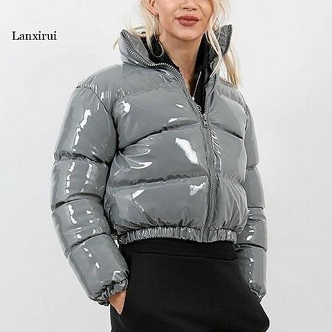 Autumn Winter Women Bright PU Puffer Jackets Warm Bubble Coat Down Parka Outcoat Zipper Jacket Pink Cute Cropped Parka XXL ► Photo 1/1