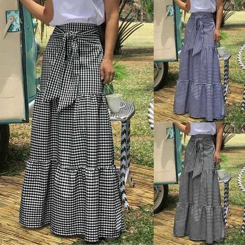 Celmia Fashion Skirts 2022 Women Vintage Plaid Check Long Skirts High Waist Casual Loose Belted Pleated Maxi Skirts Plus Size ► Photo 1/6