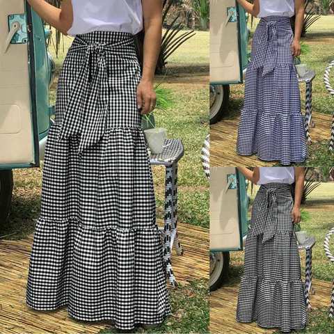 Celmia Fashion Skirts 2022 Women Vintage Plaid Check Long Skirts High Waist Casual Loose Belted Pleated Maxi Skirts Plus Size ► Photo 1/6