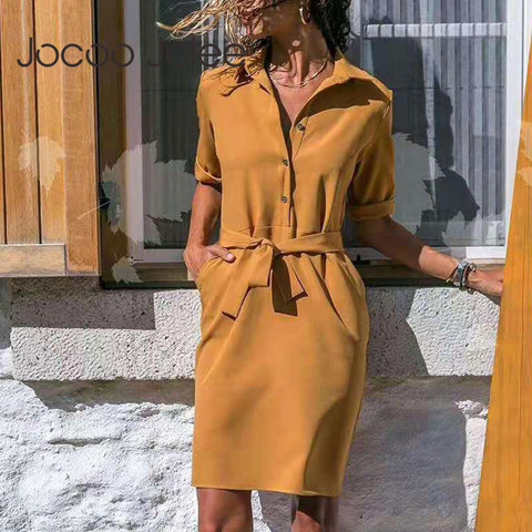 Jocoo Jolee Shirt Dress Women Turn-down Collar Sashes Knee-length Dress Casual Psrty Dress Plus Size Loose Dress Vestidos Robe ► Photo 1/6