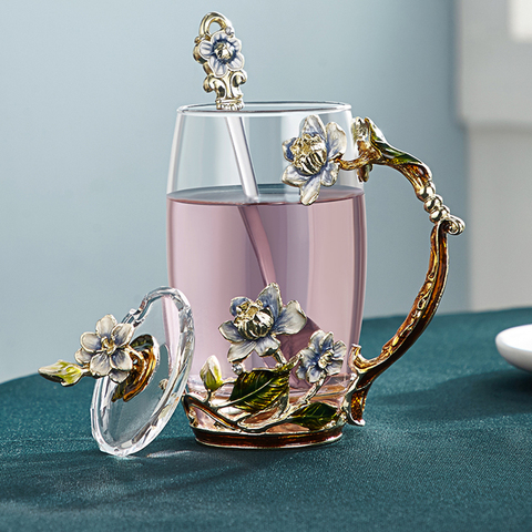 Hand-made Enamel Flower Glass mug Coffee cup Scented Tea Mugs Milk Lemon Juice Cup Glass Lover Gift Couple Mug drinkware ► Photo 1/6