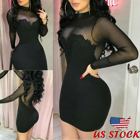 Skinny Summer Dress 2022 Mesh Transparent Sexy Black Women Dress Casual Long Sleeve Evening Party Mini Short Sexy Dress Bodycon ► Photo 1/5