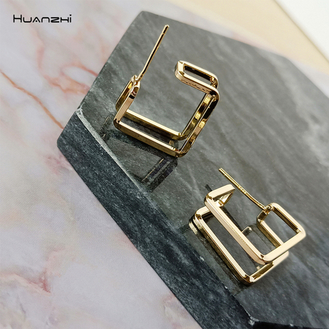 HUANZHI 2022 New Gold Silver Color Double layer Metal Geometric Square Stud Earrings Trendy for Women Girls Travel Jewellry ► Photo 1/6