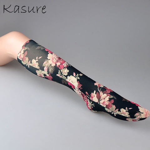 KASURE Flower Pattern Silk Print Long Socks For Women New Fashion Elastic Spring Summer Ankle Socks For Young Ladies ► Photo 1/3