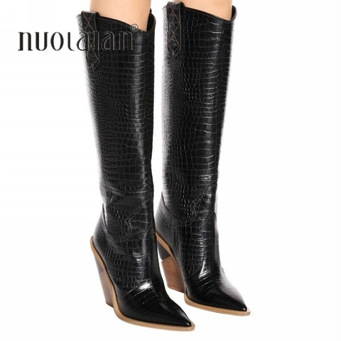 9.5CM High Heels Thigh high Boots Shoes Women Faux Fur Snow Shoe Woman Black Leather Knee High Boots Long Winter Chelsea Boots ► Photo 1/6