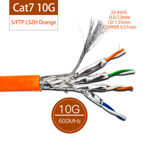 Cat7 SFTP Installation Cable 23AWG 0.57mm Pure Copper Wires Double Shield Cat 7 Ethernet Network Wire LSZH 10G 600MHz Orange ► Photo 1/6