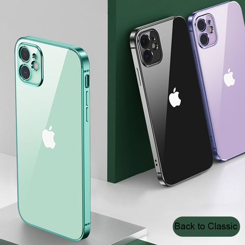 For iPhone 11 12 Pro Max Case Luxury Plating Flat Sides TPU Cover For Apple iPhone 12 Mini  X XS XR Soft Clear Shockproof Coque ► Photo 1/6