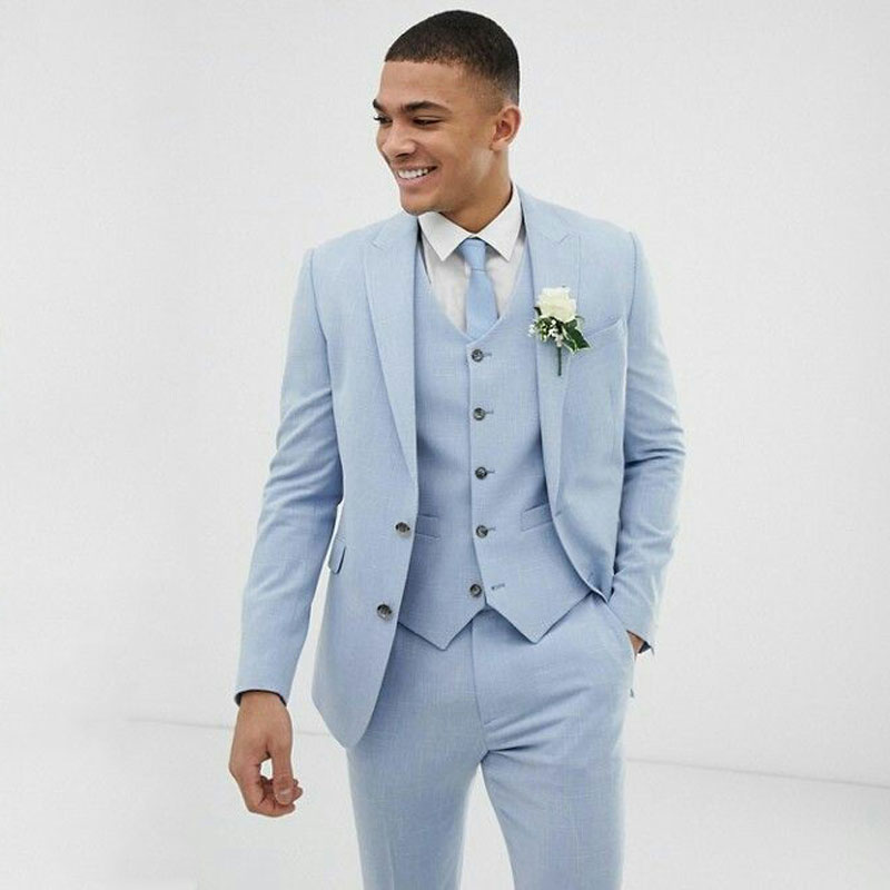 Light Blue Wedding Men Suits Slim Fit Linen Tuxedos Groom Coat Fashion ...