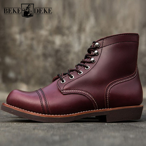 High Quality Vintage Mens Genuine Leather Motorcycle Boots Fashion Lace Up Round Toe Winter Warm Male Ankle Boots Cargo Shoes ► Photo 1/5