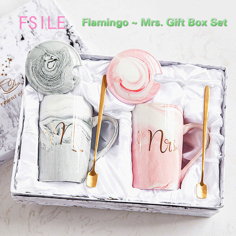 FSILE Marble Pattern Cup Gold Rim Mug Gift Box Set Coffee Cup  Couple Women Cup Flamingo Cup Ceramic with Hand Ceremony ► Photo 1/6
