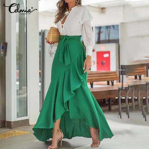 Summer Women Fishtail Skirts Fashion Party Maxi Skirt Celmia Summer High Waist Belted Casual Loose Asymmetrical Ruffles Skirts ► Photo 1/6