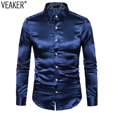 2022 New Men's Silk Satin Party Shirts Male Slim Fit Long Sleeve Solid Color Shiny Nightclub Wedding Shirt 10 Colors S-2XL ► Photo 1/6