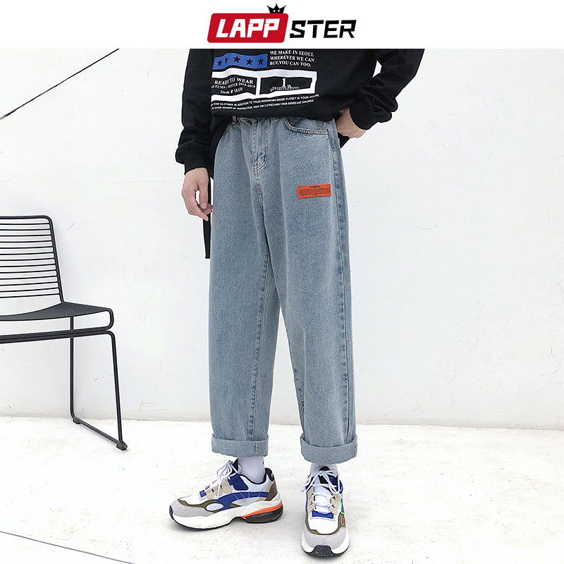 Buy Online Lappster Mens Korean Fashoins Harem Blue Jeans Pants Vintage Straight Pants Harajuku Jeans Baggy Belt High Quality Denim Alitools