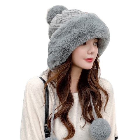 Sparsil Woman Autumn Winter Mink Knit Bomber Hat Thick Female Fluffy Pompom Outdoor Warm Windproof Earflap Trapper Snow Ski Caps ► Photo 1/6