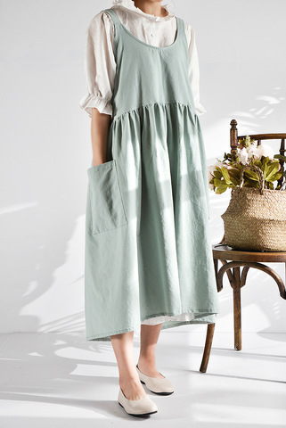 2022 Summer Autumn Women Fashion Cotton Linen Dress Plain Sundress Apron Garden Work Pinafore Dress Loose Pockets Mid-Calf Dress ► Photo 1/4