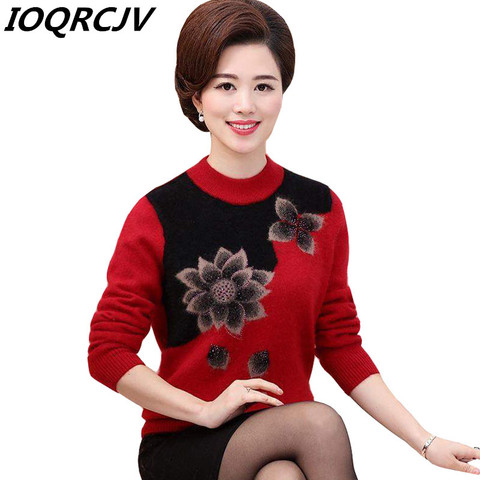 New Autumn Warm Pullovers Sweater Middle-Aged Women Flower Printed Long Sleeve Sweaters Female O-neck Wool Sweater Knit shirt ► Photo 1/6