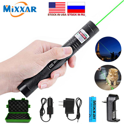 LED 303 Laser Pointers Green Beam Laser Pointer Star Pattern Filter pen  Adjustable Focal Length Safe Key Laser+4200mah 18650 Battery+Charger 