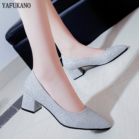 Women's shoes spring autumn new thick with work pumps Korean wild shallow mouth pointed sequin shoes silver banquet high heels ► Photo 1/5