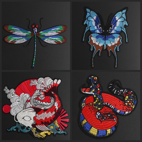 Large embroidered animal patches Carp venomous snake Dragonfly Butterfly big patch Jackets loose coat Decorative iron stickers ► Photo 1/5